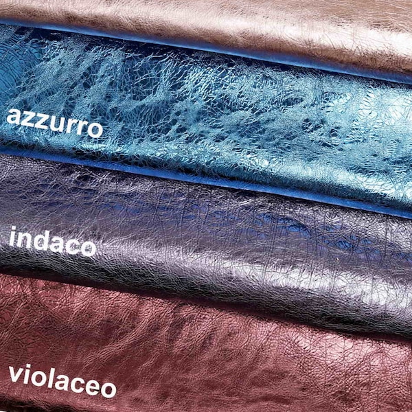 METALLIC LEATHER hides baby blue indaco purple, wrinked italian cowhides glossy cow skins   B11771-MT La Garzarara