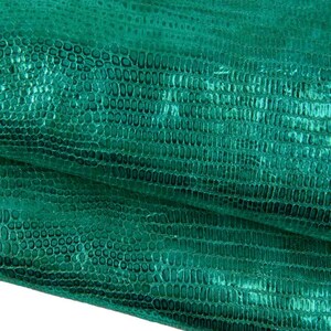 Peut inclure: Un matériau vert émeraude vibrant présentant une texture distincte, en relief et répétitive semblable à des écailles sur toute sa surface. Le matériau affiche une finition brillante avec des variations subtiles de profondeur de couleur.