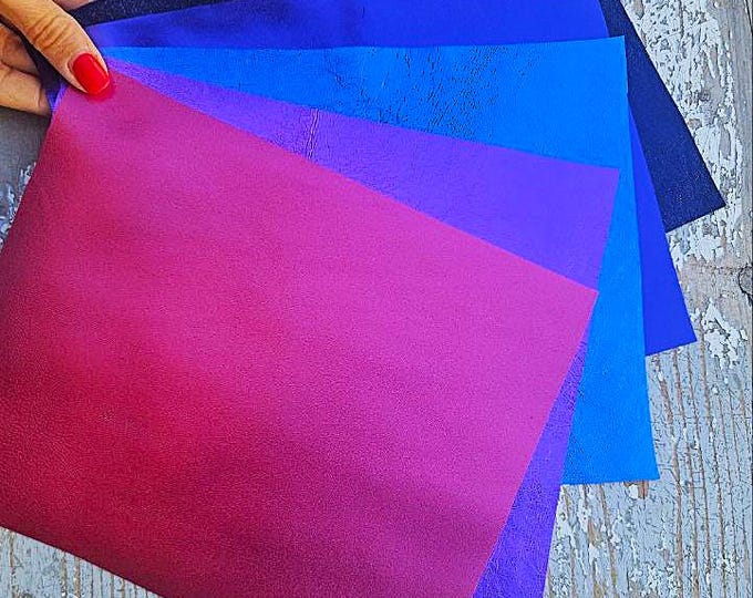 5 Selected leather scraps, BLUE, PURPLE and PINK tones, metallic mix selection leather pieces as per pictures 10x8" / 25x20 cm  RT254
