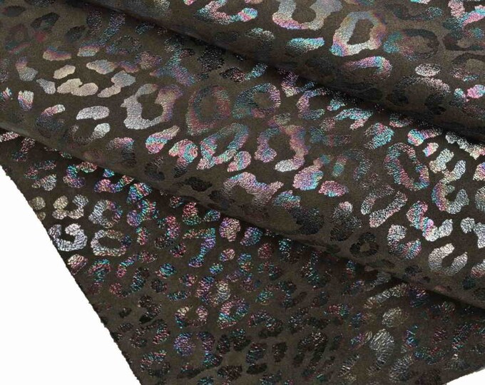 Holeographic Leather skin  - GASOLINE leopard printed Italian cow suede  - iridescent  suede calfskin  B13156-MT(ST) La Garzarara