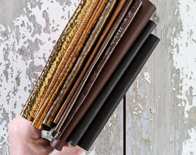 10 Leather Scraps, Bronze, Brown, Dark Brown, Metallic Smooth, Solid Tones, Varied Grains, Assorted Pieces for Crafting  B1533  La Garzarara