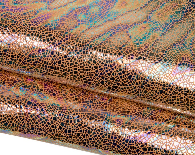 Orange HOLOGRAPHIC leather skin, CRACKLED iridescent metallic print on orange suede goatskin B17834-MT(st) La Garzarara