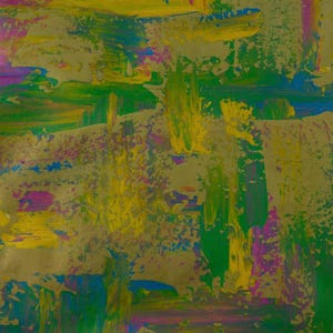 May include: An abstract painting featuring thick, layered brushstrokes in vibrant shades of yellow, green, blue, and magenta set against a metallic gold background. The composition displays a textured, multi-coloured surface with visible paint application.