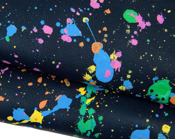Multicolor splash print on black goatskin, leather skin - POLLOCK pattern, hand painted skin, for hobbyists B18395-DM  La Garzarara