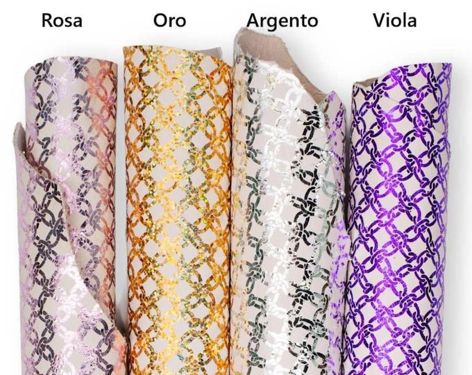 CHAIN printed leather skin, pink, gold, silver, purple METALLIC goatskin hide, bright soft skins for hobbyists B18149-MT(st)  La Garzarara