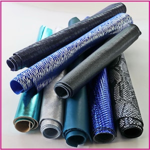 Scampoli di pelle miste color BLU, fantasie varie e tinta unita, ideali per l'artigianato  0,500 kg    B1320-RC   La Garzarara