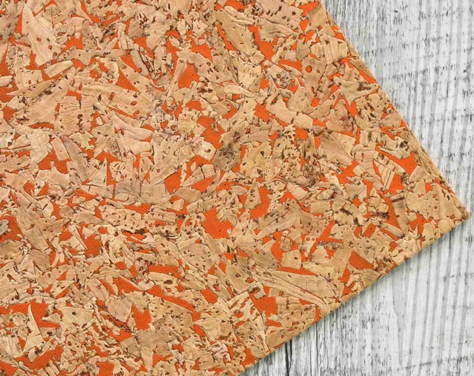 Orange texture on CORK sheets, natural fabric pieces - pre-cut vegan leather made in Italy, abstract green print    B951   La Garzarara