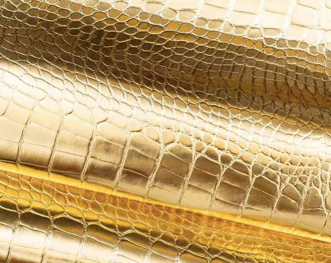 Gold Croc Embossed Leather Hide, Metallic Italian crocodile Leather, Luxury Reptile Leather for Bags & Crafts B19673-MT(st) La Garzarara