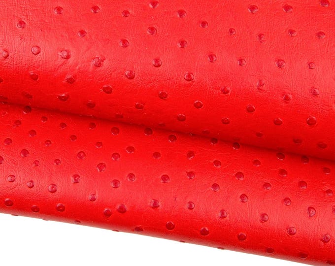 Red OSTRICH printed leather hide, semi stiff EMBOSSED calfskin, animal printed semi glossy cowhide for diy projects B18490-ST La Garzarara