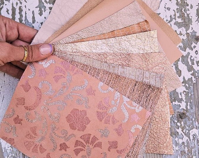 10 Selected leather scraps, PINK tones, printed and foils various, mix selection leather remnants as per pictures RT212