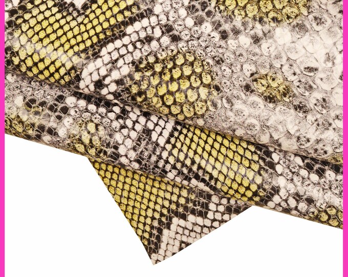 Yellow grey PYTHON printed leather hide, reptile textured glossy calfskin, snake print soft cowhide B15193-ST La Garzarara