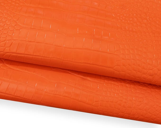 Orange CROCODILE embossed leather hide, matt PATENT calfskin, reptile printed cowhide for crafting B18674-ST La Garzarara
