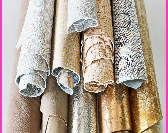 Boundle of 10 random beige, light gold, platinum FULL LEATHER hides, smooth, metallic, printed matching skins B14828-ST La Garzarara