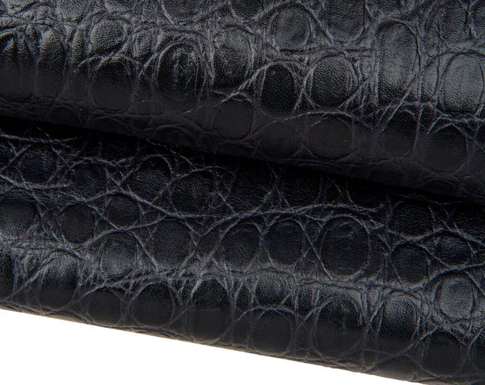 Black CROCODILE embossed leather hide, ANIMAL printed soft calfskin, glossy cowhide for crafting B17683-TB La Garzarara