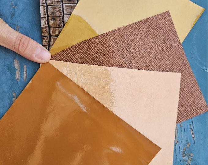 5 Selected leather scraps, BROWN GOLD BRONZE tones, printed and metalic printed, mix selection leather remnants as per pictures RT338