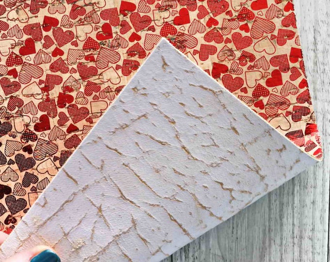 Cork Leather - Red metallic Heart  - Cork Printed Leather - Cowhide Backed Cork Sheets B807
