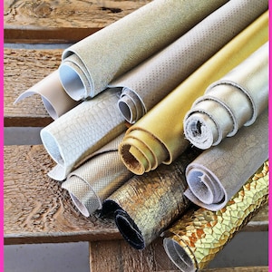 Scampoli di pelle miste, ORO, PLATINO e BEIGE, stampe e fantasie varie, ideali per l'artigianato  0,500 kg- 0,750 kg- 1 kg- 2 kg    B086/B