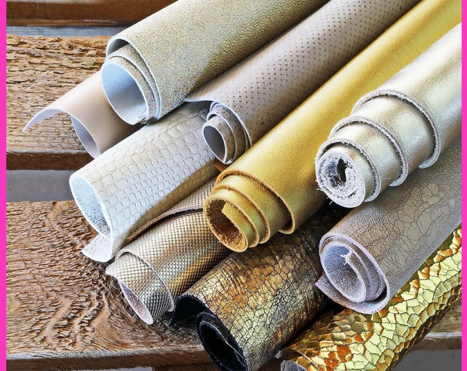 Mix leather scraps -GOLD PLATINUM and BEIGE- fancy textures and prints, italian leather pcs for crafts 1 lbs- 1,7 lbs - 2 lbs - 4 lbs B086/B