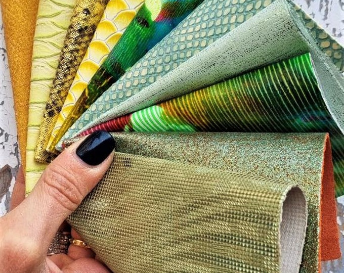 10 Selected leather scraps, GREEN and YELLOW colors, printed and foils various, mix selection pre-cut leather remnants as per pictures  R102