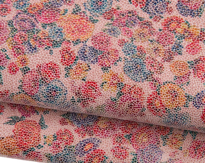 FLORAL textured leather skin, lilac - purple - beige FLOWER print on pink soft glossy goatskin B18832-ST La Garzarara