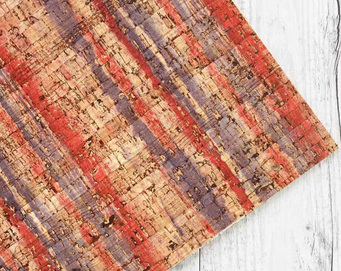 Multicolor CORK sheets -  colorful pieces,magenta and blue stripes textured vegan leather 4x6 / 8x10 / 12x12 inches B911  La Garzarara