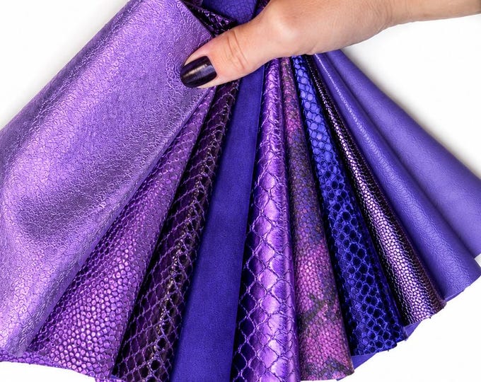 PURPLE LILAC LAVENDER Offcuts, Smooth Metallic and Printed Leather Pieces, 10 Random Scraps  6x5"/15x12 cm  10x8"/25x20 cm PREMIUM1