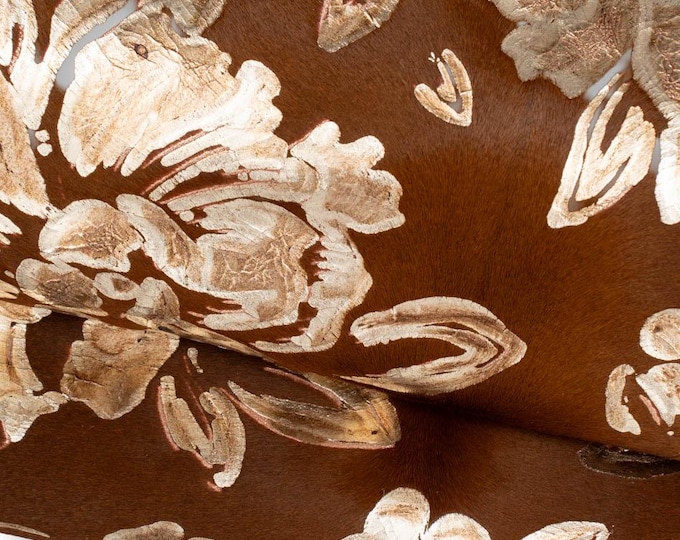 FLORAL  textured hair on leather hide, light gold flower print on brown PONY calfskin, soft hairy cowhide for crafters B19690-CV LaGarzarara