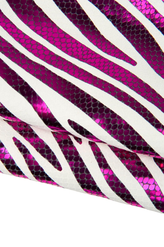 White Fuchsia Zebra Leather Hide, Metallic Animal Print Leather