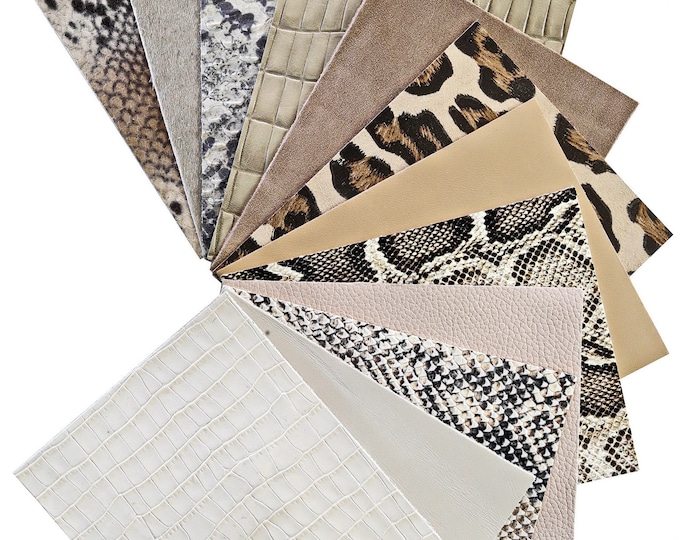Stock of 12 MIXED PIECES beige and platinum, pre cut leather hide, printed, metallic random selection, 5 x 6 inches B14452-PZ La Garzarara