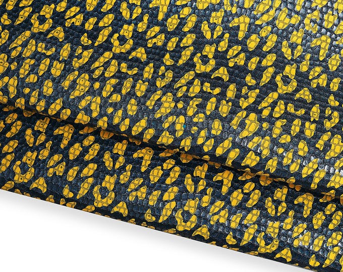 Animal printed leather hide, yellow LEOPARD texture on blue metallic CROCODILE embossed goatskin, cheetah printed skin B17140-MT(st)
