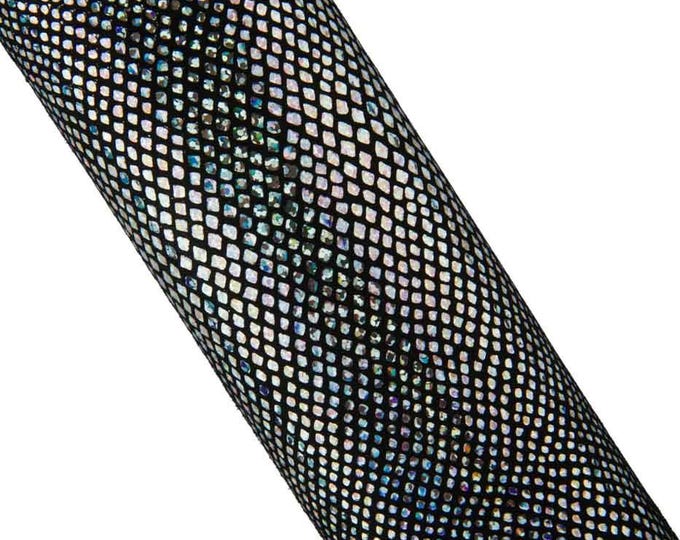 HOLOGRAPHIC metallic REPTILE printed leather skin, iridescent silver snake pattern on black soft suede goatskin B19434-MT(st) La Garzarara