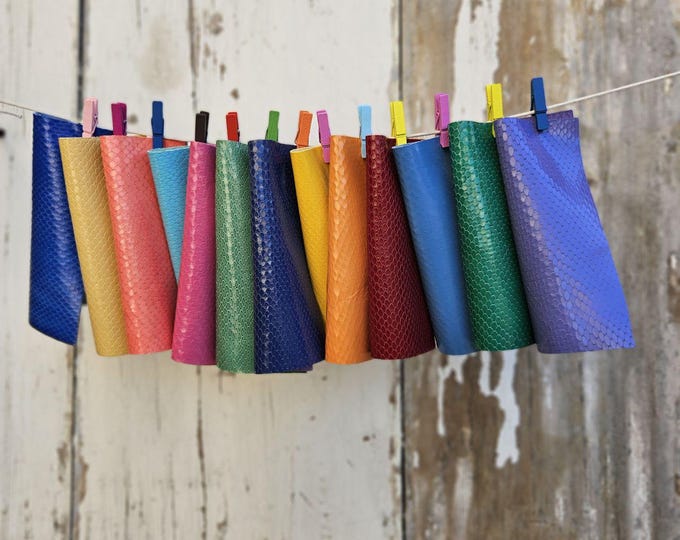 10 Colorful Printed Leather Scraps RANDOM selection, bright and solid colors, PYTHON  printed leather scraps  6x5" / 15x12 cm  RT351