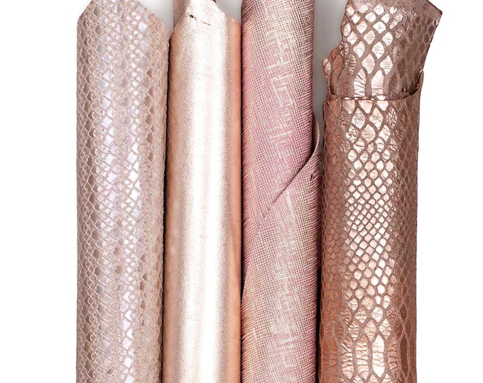 Bundle of 4 powder PINK - platinum leather skins, pack of metallic, printed and iridescent goatskins for DIY B18982-MT(st) La Garzarara