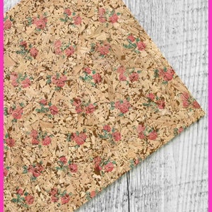 Pezzi di SUGHERO naturale con stampa floreale, scampoli  tessuto vegano colori rosa e verde 15x12 / 25x20 / 30x30 cm  B924  La Garzarara