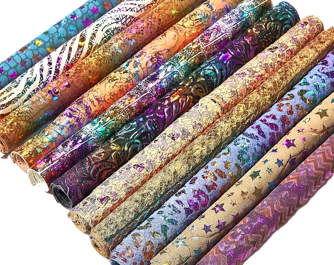 HOLOGRAPHIC Leather Scraps in Assorted Colors, 10 random various prints and tones 6x5"/15x12 cm and 10x8"/25x20 cm      RT302 La Garzarara