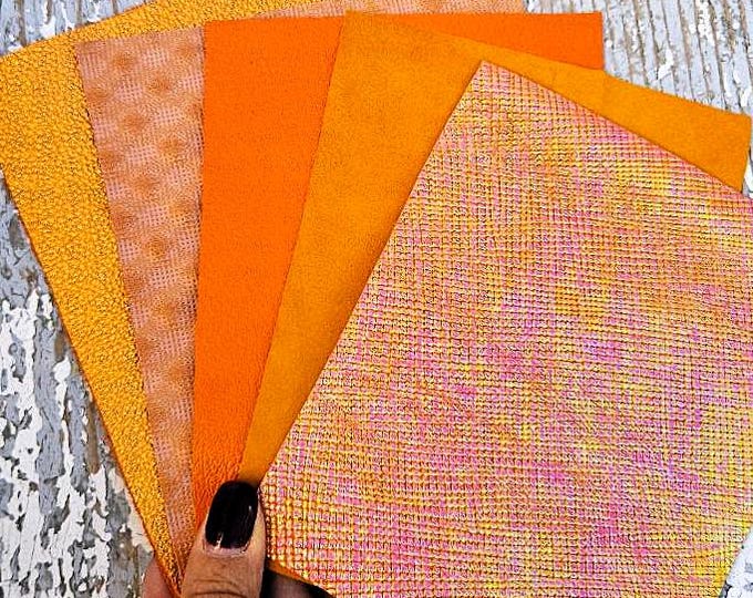 5 Selected leather scraps, ORANGE tones, printed and metalic printed,mix selection leather pieces as per pictures RT245   La Garzarara