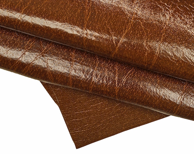 Glossy Brown Leather Hide Stiff Thick Shiny Cowhide 1.8-2.1 mm Sporty Calfskin with Wrinkled Texture and Vintage Look B15853-VT La Garzarara