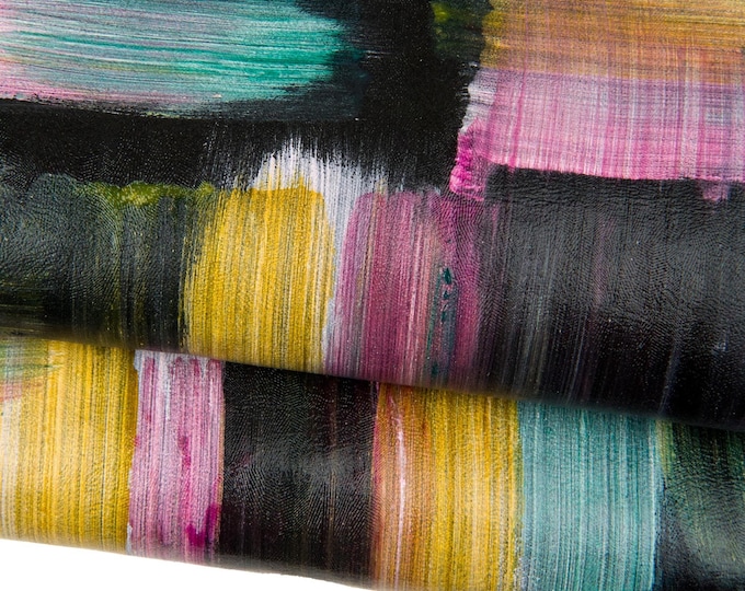 CHECKERED printed leather skin, multicolor hand-painted, geometric textured soft goatskin hide B18417-DM   La Garzarara