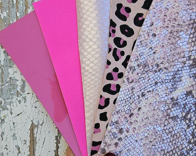 5 Selected leather scraps, FUCHSIA and PINK tones, printed and metalic printed, mix selection leather remnants as per pictures RT233