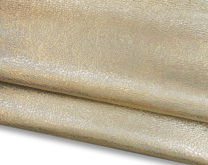 Light gold HOLOGRAPHIC leather skin, CRACKLED printed metallic goatskin, metallic soft hide for diy projects B17256-MT(st)   La Garzarara