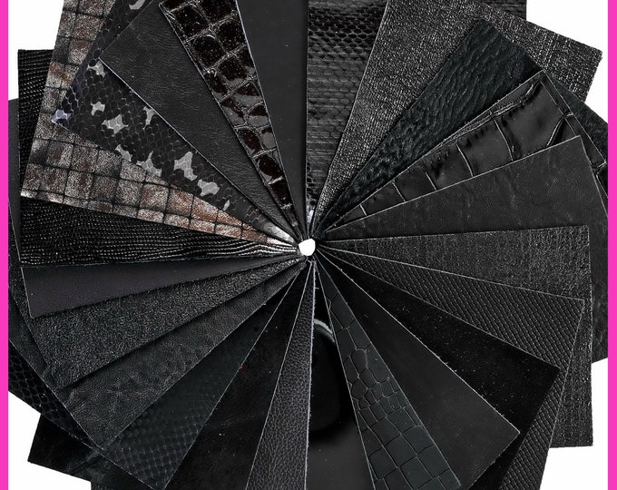 Stock of 12 MIXED PIECES black, pre cut leather hide, printed, metallic random selection, 5 x 6 inches B14460-PZ La Garzarara