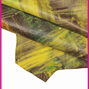 Pelle effetto SPATOLATO MARRONE  giallo e verde, capra morbida con grana stampata dipinta a mano B14090-DM La Garzarara