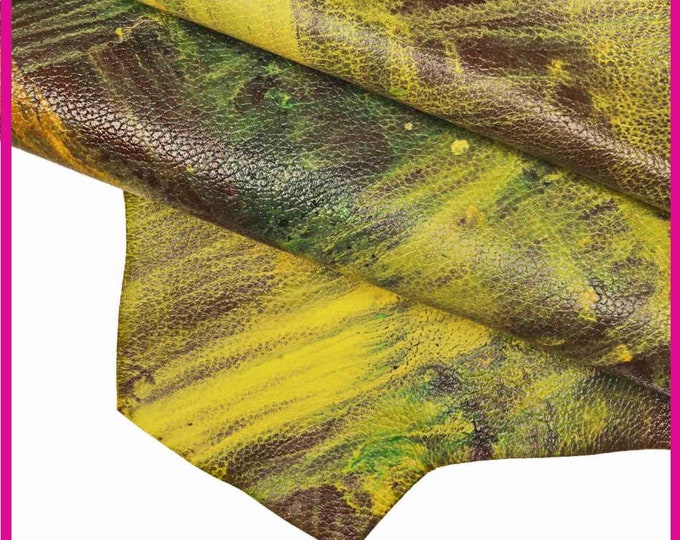 Spatula  effect leather skin BROWN , painted abstract goatskin, yellow, green, pebble grain hide B14090-DM La Garzarara