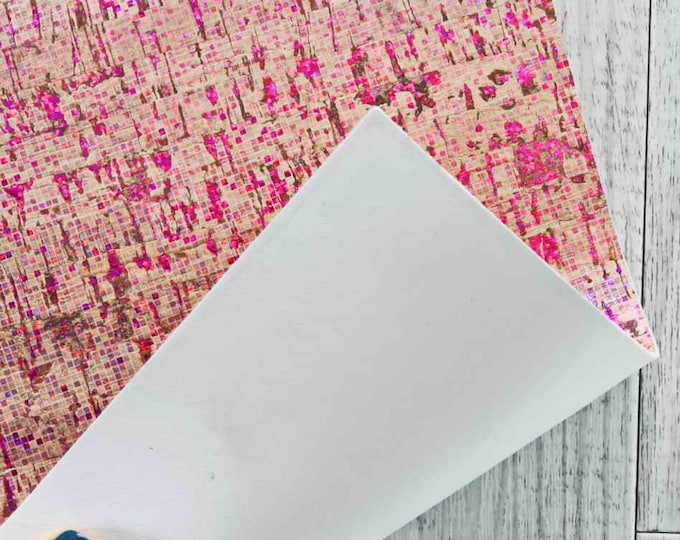 Metallic fuchsia abstract pixel Cork Leather Fabric - Cork Backed Cowhide Leather - Leather for Making Earrings B833