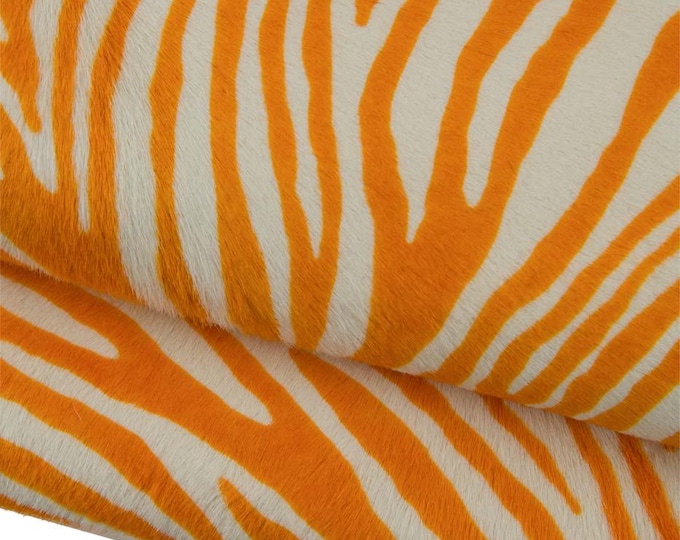 ZEBRA printed hair on leather hide, orange - white animal print on PONY calfskin, hairy cowhide, soft hairy leather  B19380-CV La Garzarara