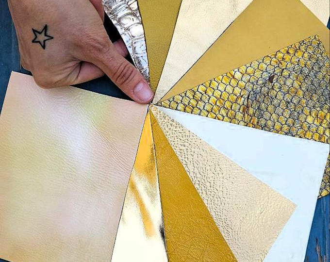 10 Selected leather scraps, GOLD tones, printed and metalic printed,mix selection leather pieces as per pictures RT329  La Garzarara