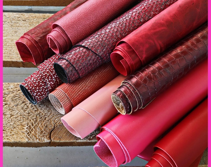 Mix LEATHER scraps - RED and PINK tones - fancy textures and softness various, italian leather pieces 1 lbs- 1,7 lbs- 2 lbs- 4 lbs   B083/B