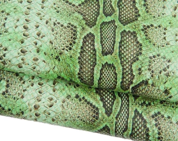 Green - black PYTHON textured leather hide, glossy reptile printed cowhide, snake pattern on soft calfskin B18909-ST   La Garzarara
