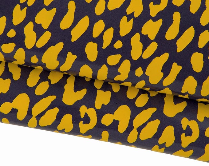 Yellow LEOPARD texture on dark grey leather skin, glossy goatskin with animal print ideal for crafting B17176-ST La Garzarara