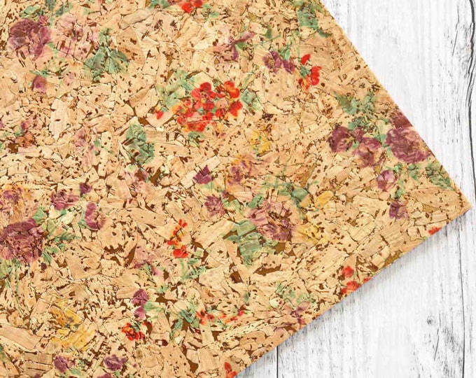 COLORFUL CORK sheets - vegan fabric pieces - Italy , floral textured print natural cork 4 x 6" / 8 x 10" / 12 x 12"  B887  La Garzarara
